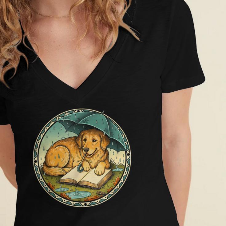 Dog Reading Book Rain Cozy Umbrella Cute Art Men Women's Jersey Short Sleeve Deep V-Neck Tshirt