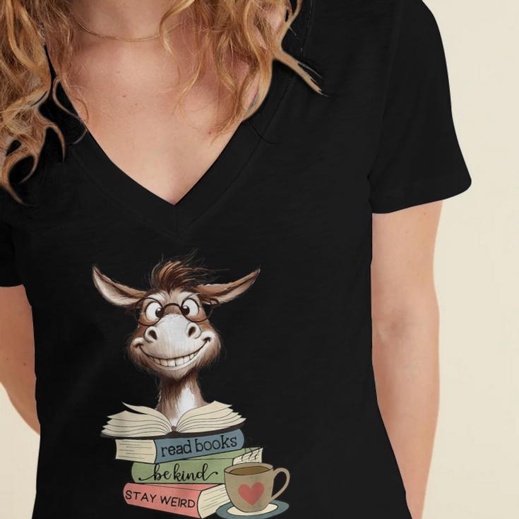 Donkey Reading Book Read Books Be Kind Stay Weird Librarian Women's Jersey Short Sleeve Deep V-Neck Tshirt