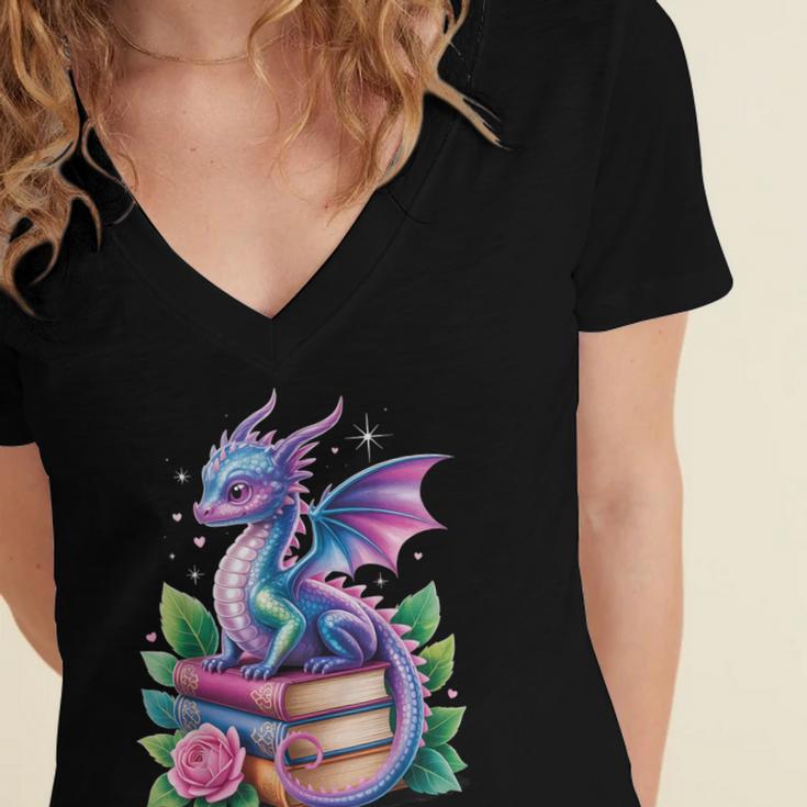 Dragon Book Fantasy Reading Women's Jersey Short Sleeve Deep V-Neck Tshirt Dragon Book Fantasy Reading Women's Jersey Short Sleeve Deep V-Neck Tshirt