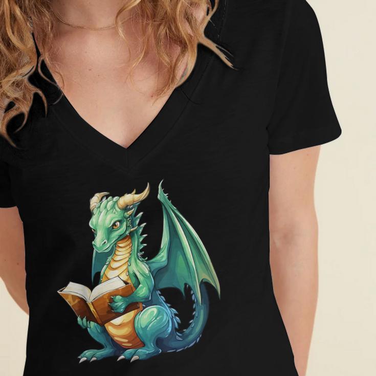 Dragon With Book Women's Jersey Short Sleeve Deep V-Neck Tshirt Dragon With Book Women's Jersey Short Sleeve Deep V-Neck Tshirt