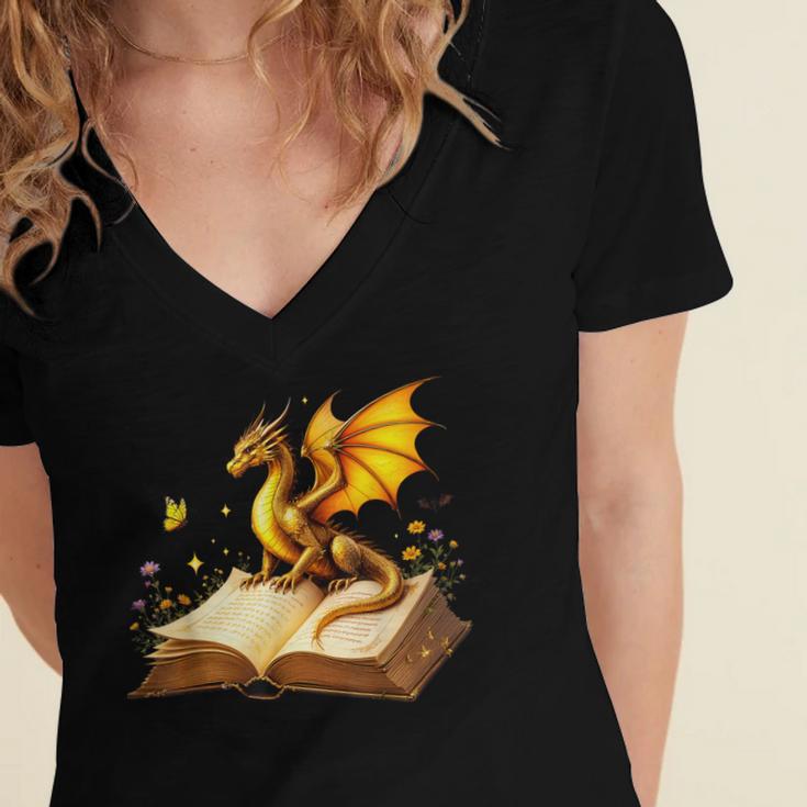 Dragon Fantasy Book Lover Bookish Reader Bookworm Wildflower Women's Jersey Short Sleeve Deep V-Neck Tshirt