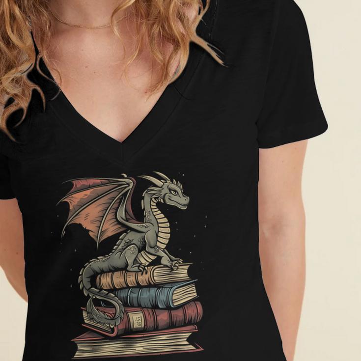 Dragon Fantasy Book Lover Book Nerd Women's Jersey Short Sleeve Deep V-Neck Tshirt