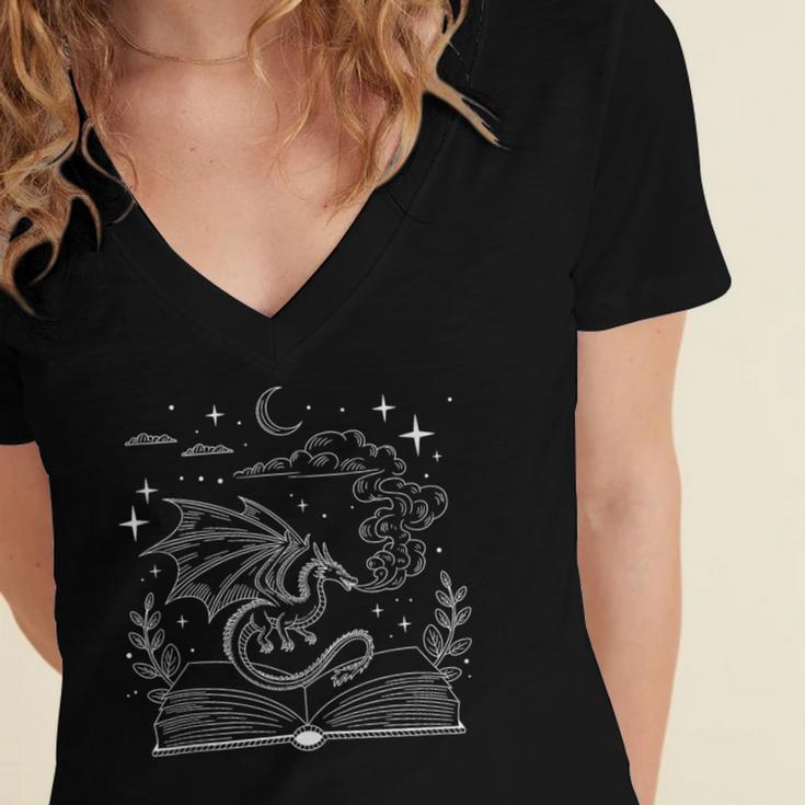 Dragon Flying Out Of Book Lover Bookworm Fantasy Novels Women's Jersey Short Sleeve Deep V-Neck Tshirt Dragon Flying Out Of Book Lover Bookworm Fantasy Novels Women's Jersey Short Sleeve Deep V-Neck Tshirt