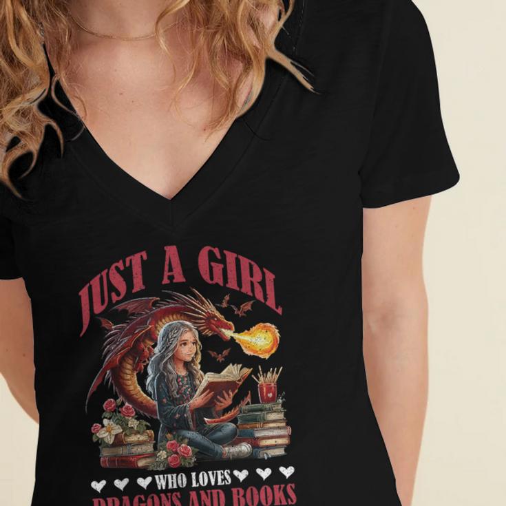 Dragon Just A Girl Who Loves Dragons And Books Women's Jersey Short Sleeve Deep V-Neck Tshirt