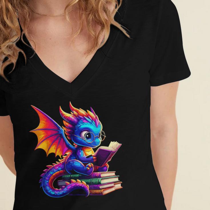 Dragon Reading a Book Bookworm Book Lover Women's Jersey Short Sleeve Deep V-Neck Tshirt Dragon Reading a Book Bookworm Book Lover Women's Jersey Short Sleeve Deep V-Neck Tshirt