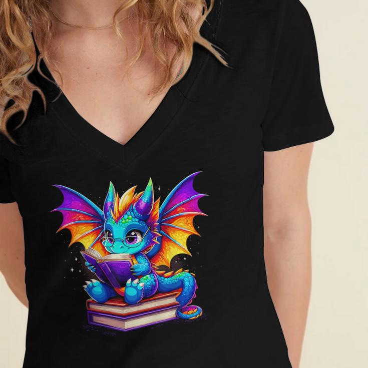 Dragon Reading a Book Bookworm Book Women's Jersey Short Sleeve Deep V-Neck Tshirt