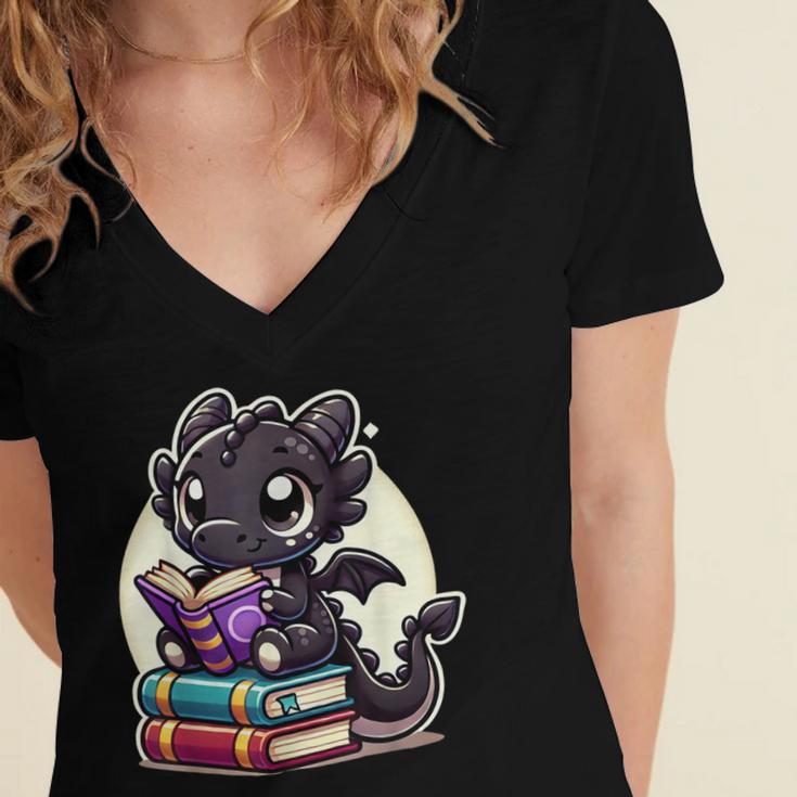 Dragon Reading A Book Cute Bookworm Book Lover Women's Jersey Short Sleeve Deep V-Neck Tshirt Dragon Reading A Book Cute Bookworm Book Lover Women's Jersey Short Sleeve Deep V-Neck Tshirt