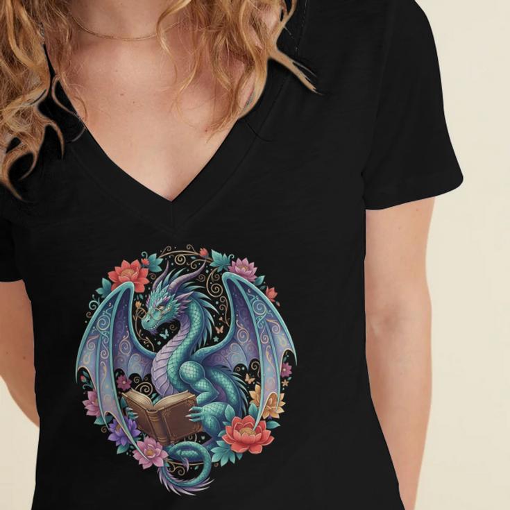 Dragon Reading Book Girls Kids Bookworm Book Lover Women's Jersey Short Sleeve Deep V-Neck Tshirt