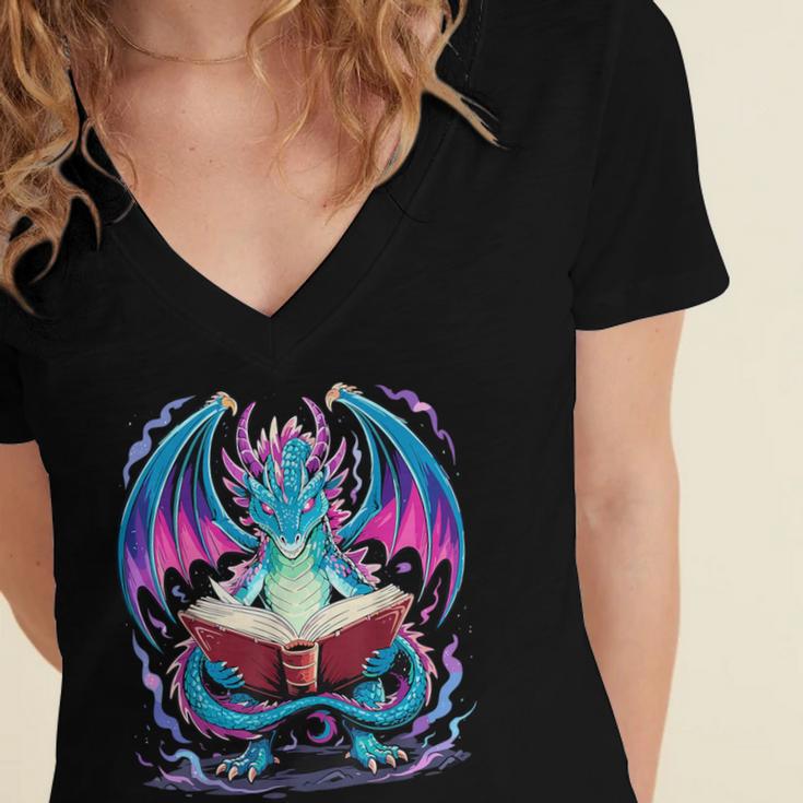 Dragon Reading Book Lover Women's Jersey Short Sleeve Deep V-Neck Tshirt Dragon Reading Book Lover Women's Jersey Short Sleeve Deep V-Neck Tshirt