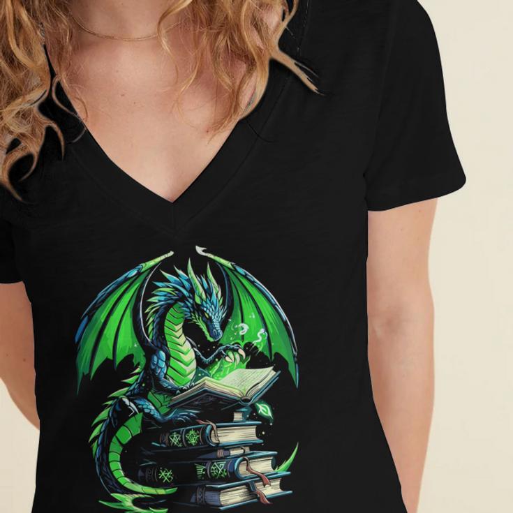 Dragon Reading Books Bookworm Women's Jersey Short Sleeve Deep V-Neck Tshirt