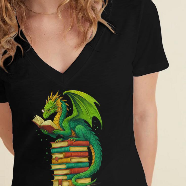 Dragon Reading Books Matching Bookworm Readers Librarian Women's Jersey Short Sleeve Deep V-Neck Tshirt