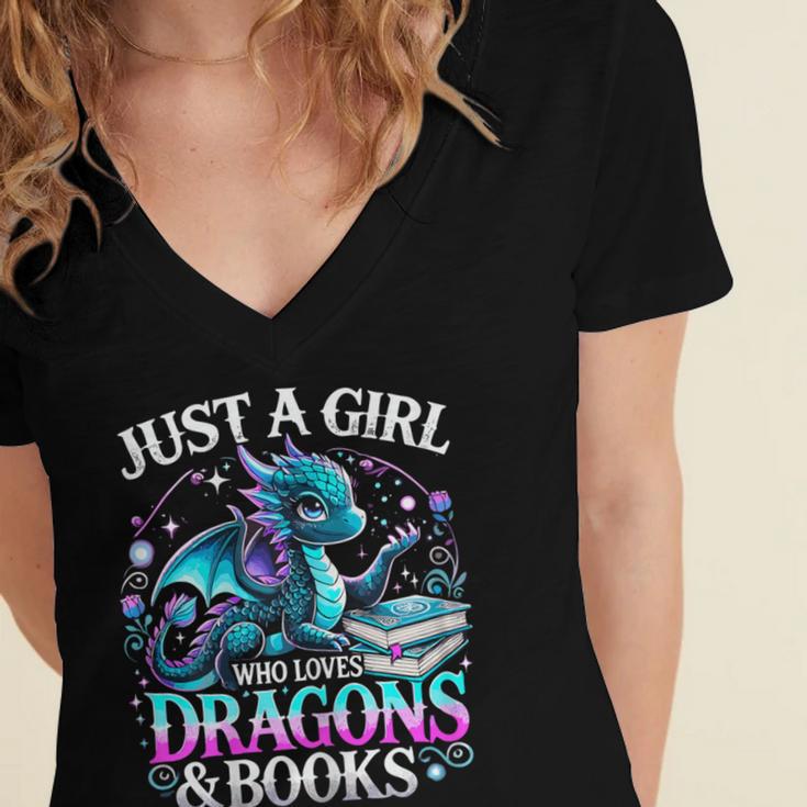 Dragon Reading Just A Girl Who Loves Dragons And Books Women's Jersey Short Sleeve Deep V-Neck Tshirt Dragon Reading Just A Girl Who Loves Dragons And Books Women's Jersey Short Sleeve Deep V-Neck Tshirt