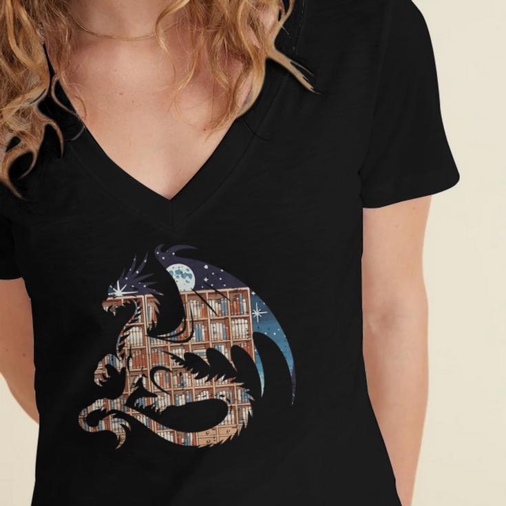 Dragon Silhouette Books Librarian Bookworm Women Men Kids Women's Jersey Short Sleeve Deep V-Neck Tshirt