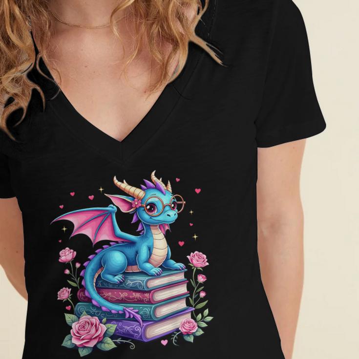 Dragons And Books Dragon Reading Book Lover Girl Bookworm Women's Jersey Short Sleeve Deep V-Neck Tshirt Dragons And Books Dragon Reading Book Lover Girl Bookworm Women's Jersey Short Sleeve Deep V-Neck Tshirt