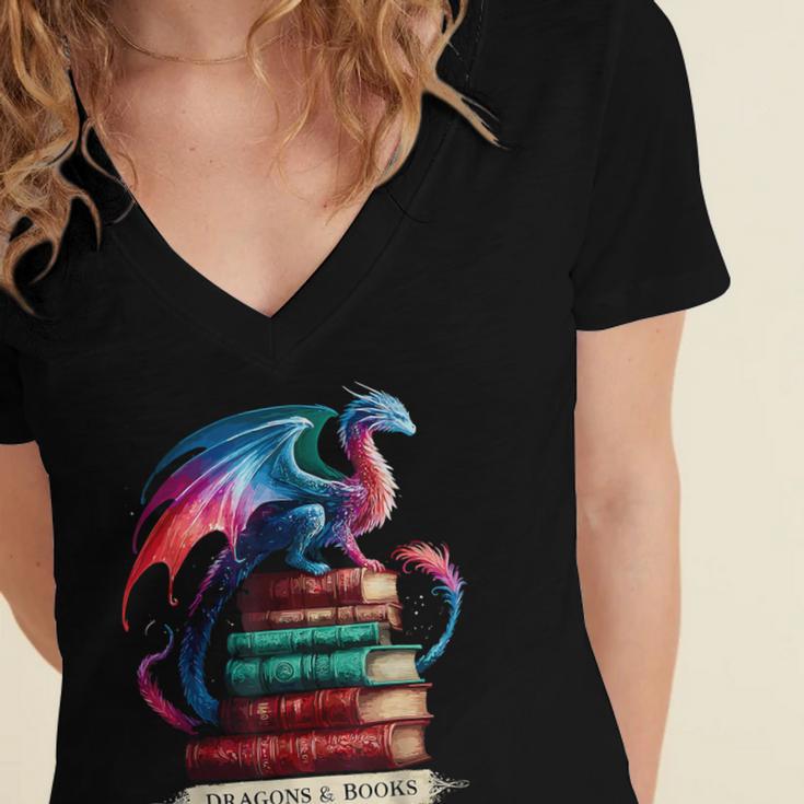 Dragons And Books Dragonworm Book Lover Reading Women's Jersey Short Sleeve Deep V-Neck Tshirt Dragons And Books Dragonworm Book Lover Reading Women's Jersey Short Sleeve Deep V-Neck Tshirt