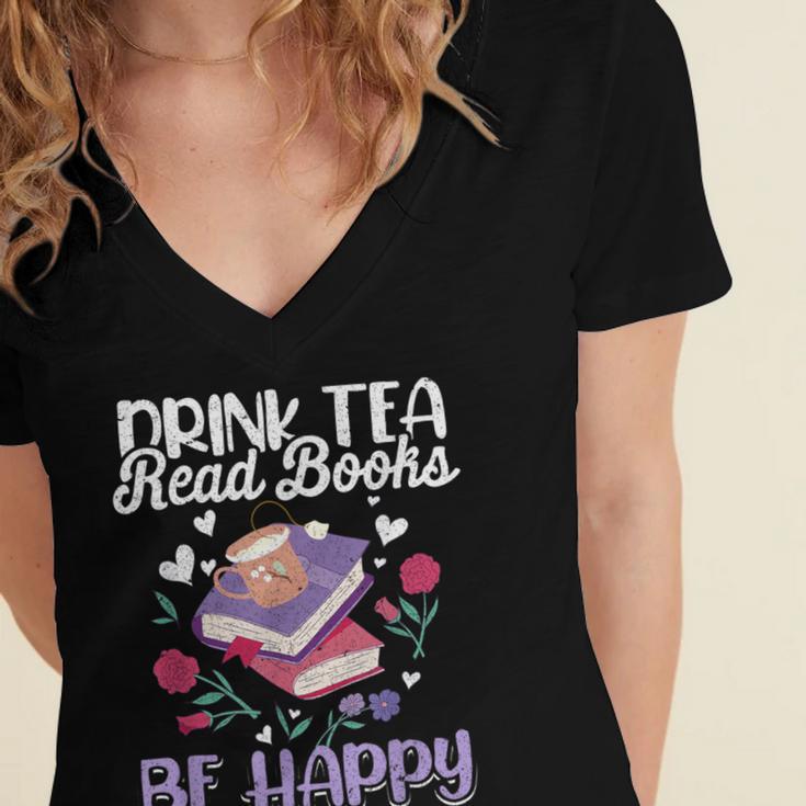 Drink Tea Read Books Be Happy Book Lover Reading Women's Jersey Short Sleeve Deep V-Neck Tshirt