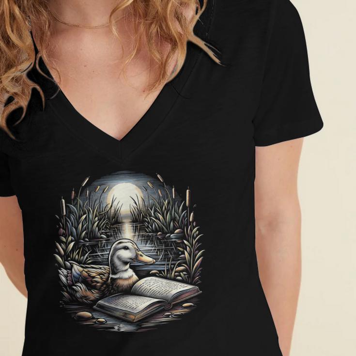 Duck Reading Book Full Moon Lake Scenery Women's Jersey Short Sleeve Deep V-Neck Tshirt Duck Reading Book Full Moon Lake Scenery Women's Jersey Short Sleeve Deep V-Neck Tshirt