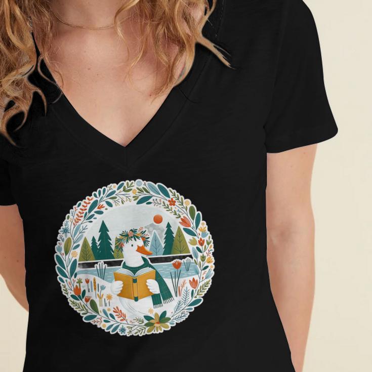 Duck Wilderness Book Reading Illustration Floral Women's Jersey Short Sleeve Deep V-Neck Tshirt