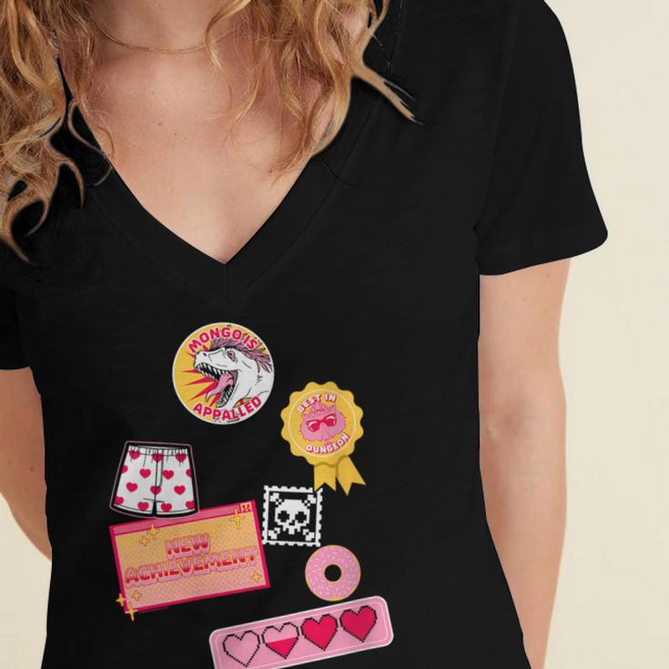 Dungeon Crawler Carl Colorful Sticker Collage LitRPG Book Women's Jersey Short Sleeve Deep V-Neck Tshirt Dungeon Crawler Carl Colorful Sticker Collage LitRPG Book Women's Jersey Short Sleeve Deep V-Neck Tshirt