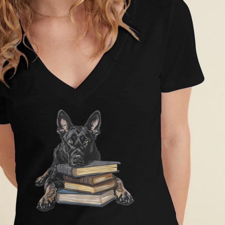 Dutch Shepherd Books Reading Dog Breed Graphic Women's Jersey Short Sleeve Deep V-Neck Tshirt