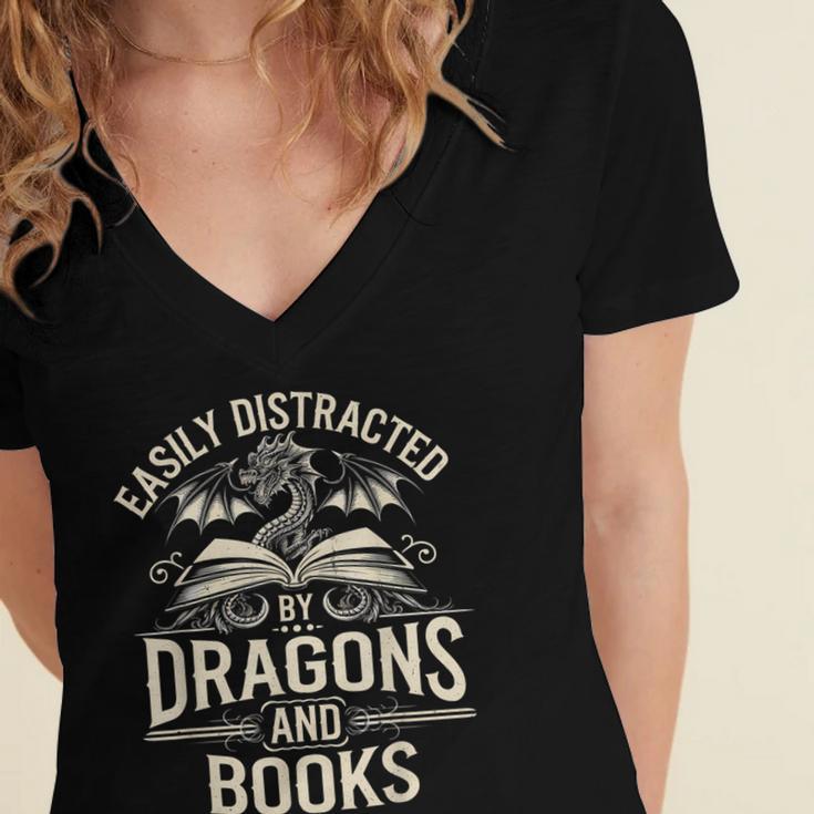 Easily Distracted By Books & Dragons Bookworm Reading Women's Jersey Short Sleeve Deep V-Neck Tshirt