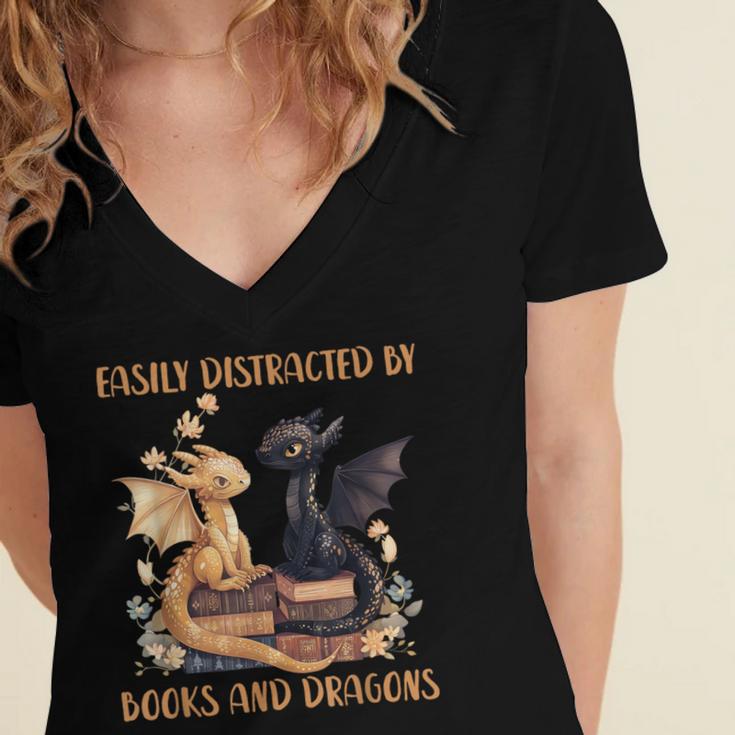 Easily Distracted By Books & Dragons Librarian Book Lover Women's Jersey Short Sleeve Deep V-Neck Tshirt Easily Distracted By Books & Dragons Librarian Book Lover Women's Jersey Short Sleeve Deep V-Neck Tshirt