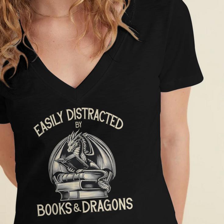 Easily Distracted By Books And Dragons Book Dragon Lover Women's Jersey Short Sleeve Deep V-Neck Tshirt Easily Distracted By Books And Dragons Book Dragon Lover Women's Jersey Short Sleeve Deep V-Neck Tshirt