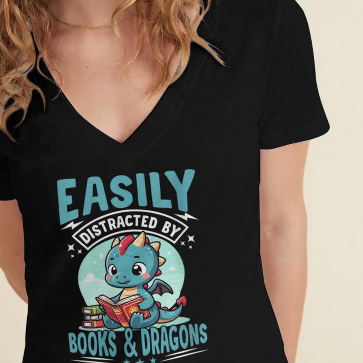 Easily Distracted By Books And Dragons Nerds Women's Jersey Short Sleeve Deep V-Neck Tshirt