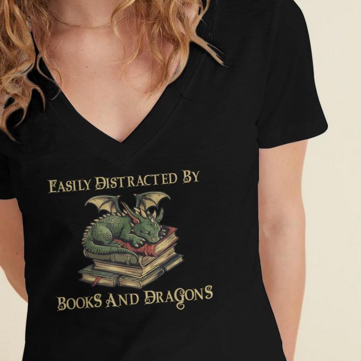 Easily Distracted By Books And Dragons Graphic Women's Jersey Short Sleeve Deep V-Neck Tshirt