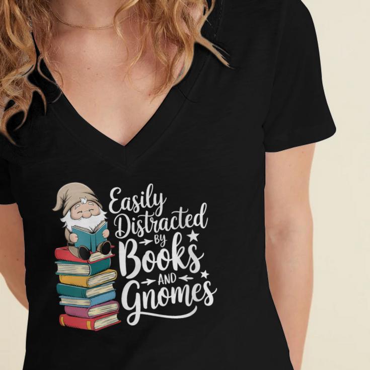 Easily Distracted By Books And Gnomes Women's Jersey Short Sleeve Deep V-Neck Tshirt