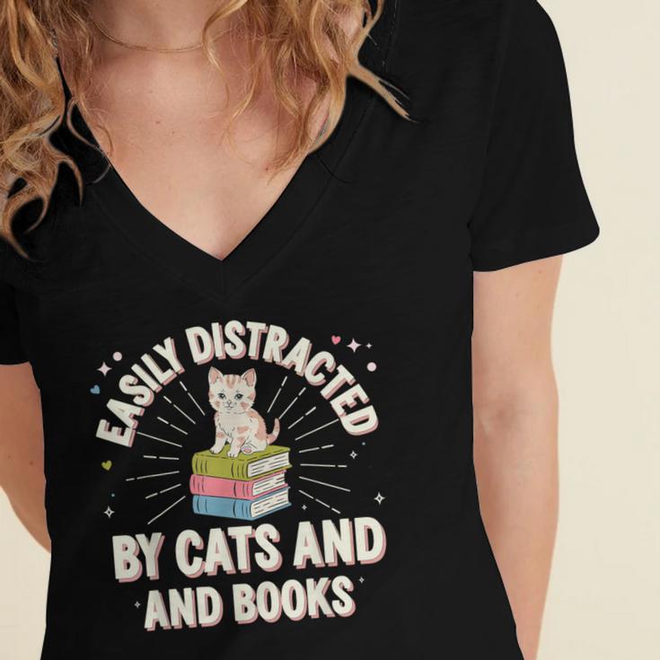Easily Distracted By Cats & Books Tee Reader Book Worm Women's Jersey Short Sleeve Deep V-Neck Tshirt Easily Distracted By Cats & Books Tee Reader Book Worm Women's Jersey Short Sleeve Deep V-Neck Tshirt