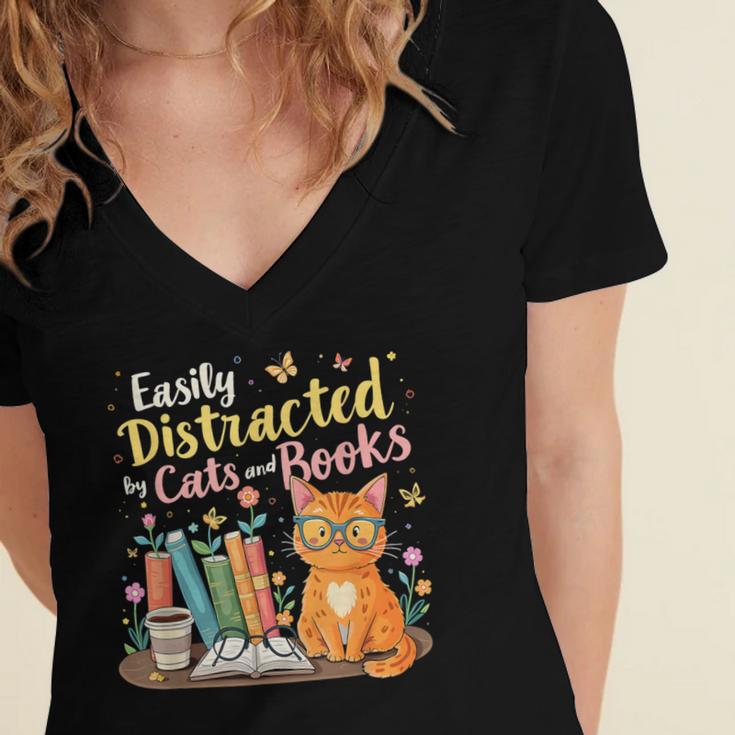 Easily Distracted By Cats And Books Book & Cat Lover Women's Jersey Short Sleeve Deep V-Neck Tshirt
