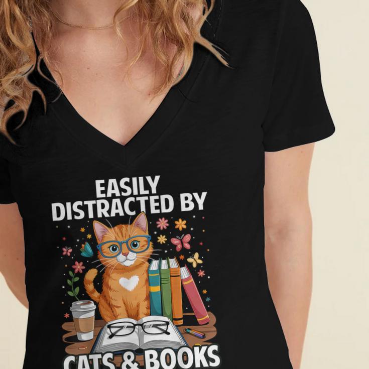 Easily Distracted By Cats And Books Book Lover Cat Women's Jersey Short Sleeve Deep V-Neck Tshirt