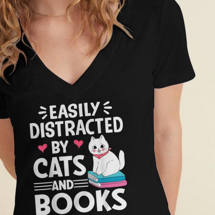 Easily Distracted By Cats And Books Cute Cat And Book Lovers Women's Jersey Short Sleeve Deep V-Neck Tshirt