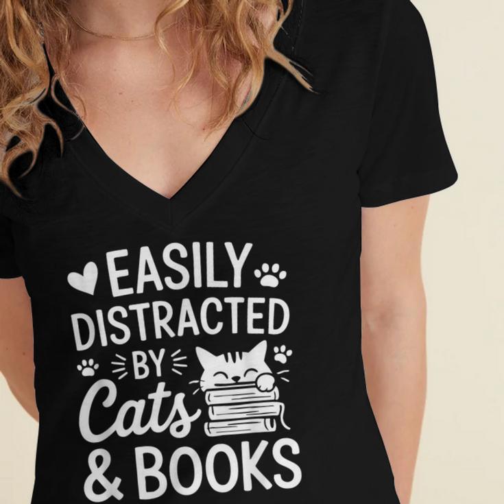 Easily Distracted By Cats And Books Reading Apparel Women's Jersey Short Sleeve Deep V-Neck Tshirt Easily Distracted By Cats And Books Reading Apparel Women's Jersey Short Sleeve Deep V-Neck Tshirt