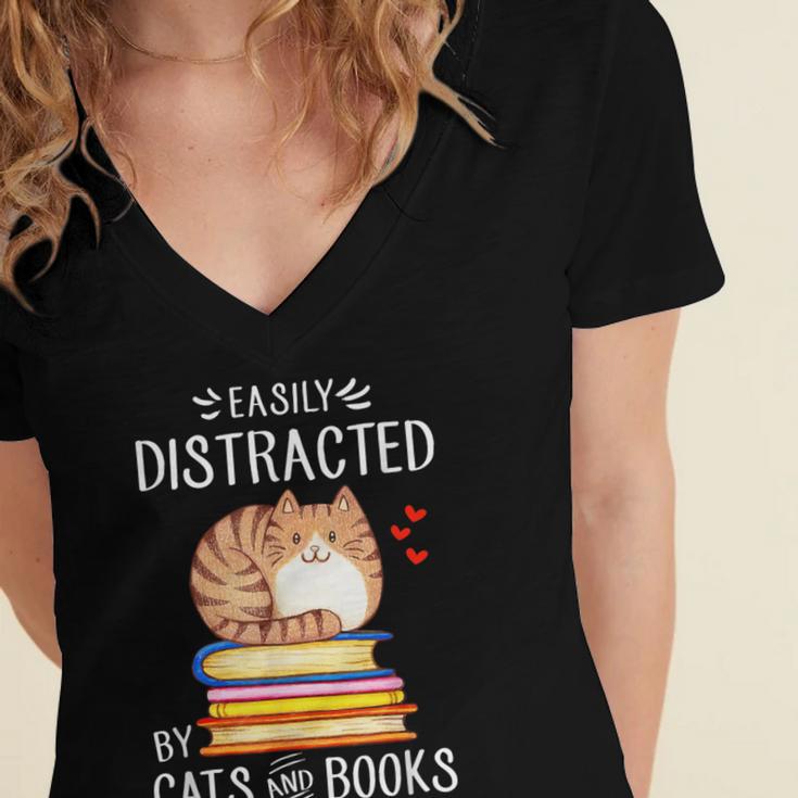 Easily Distracted By Cats And Books Reading Lover Bookish Women's Jersey Short Sleeve Deep V-Neck Tshirt