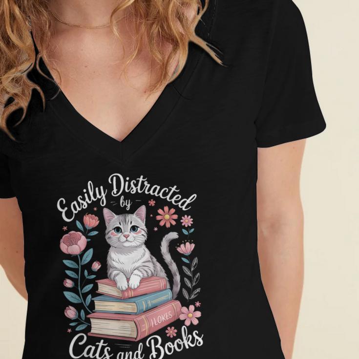 Easily Distracted By Cats And Books Reading Women's Jersey Short Sleeve Deep V-Neck Tshirt
