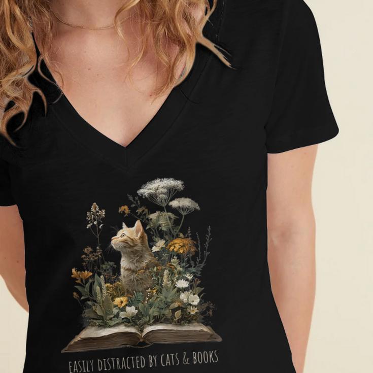 Easily Distracted By Cats And Books Women's Jersey Short Sleeve Deep V-Neck Tshirt