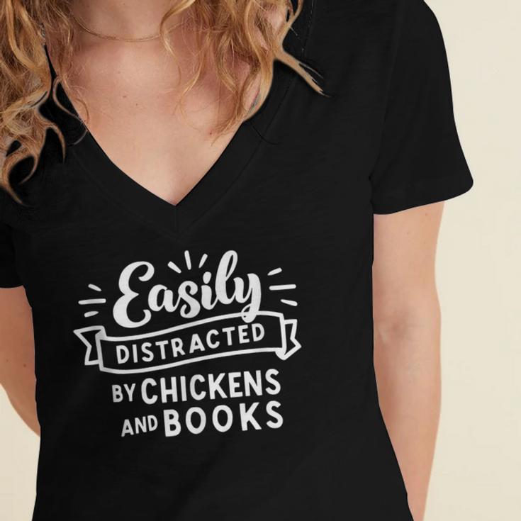 Easily Distracted By Chickens And Books Farm Women's Jersey Short Sleeve Deep V-Neck Tshirt