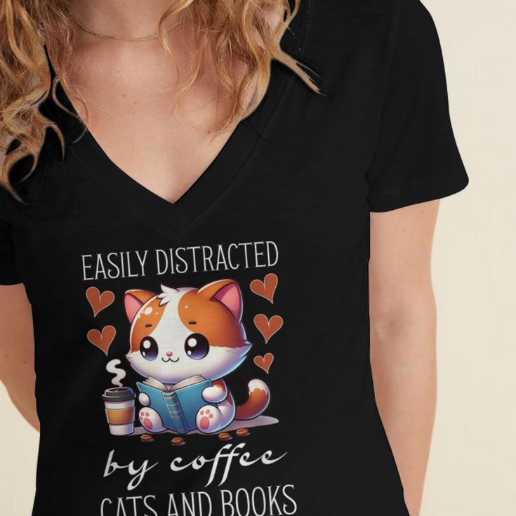 Easily Distracted By Coffee Cats And Books Women's Jersey Short Sleeve Deep V-Neck Tshirt Easily Distracted By Coffee Cats And Books Women's Jersey Short Sleeve Deep V-Neck Tshirt