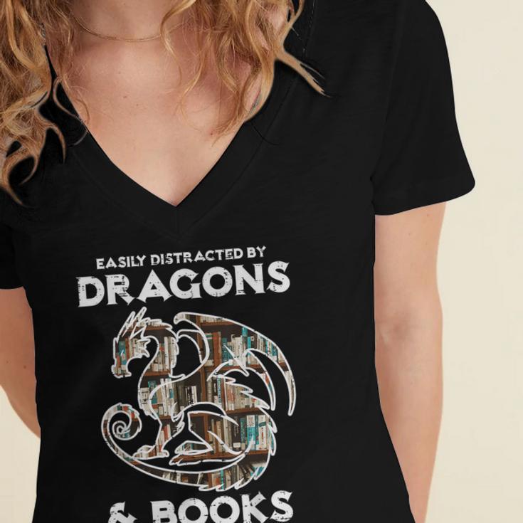 Easily Distracted By Dragons Books Bookworm Women Men Kids Women's Jersey Short Sleeve Deep V-Neck Tshirt