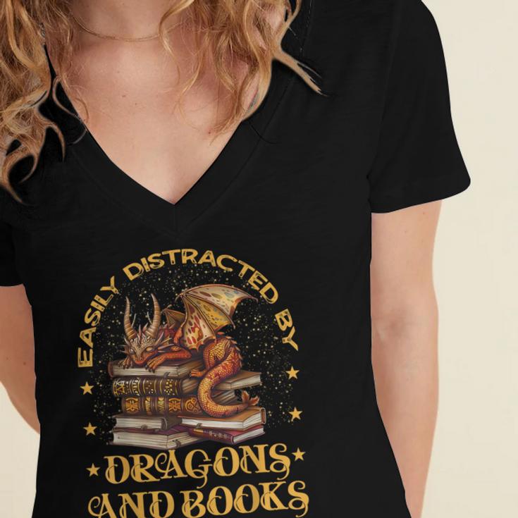Easily Distracted By Dragons And Books Fantasy Book Lover Women's Jersey Short Sleeve Deep V-Neck Tshirt