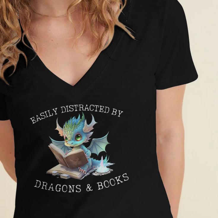 Easily Distracted By Dragons And Books Introvert Shirt Women's Jersey Short Sleeve Deep V-Neck Tshirt