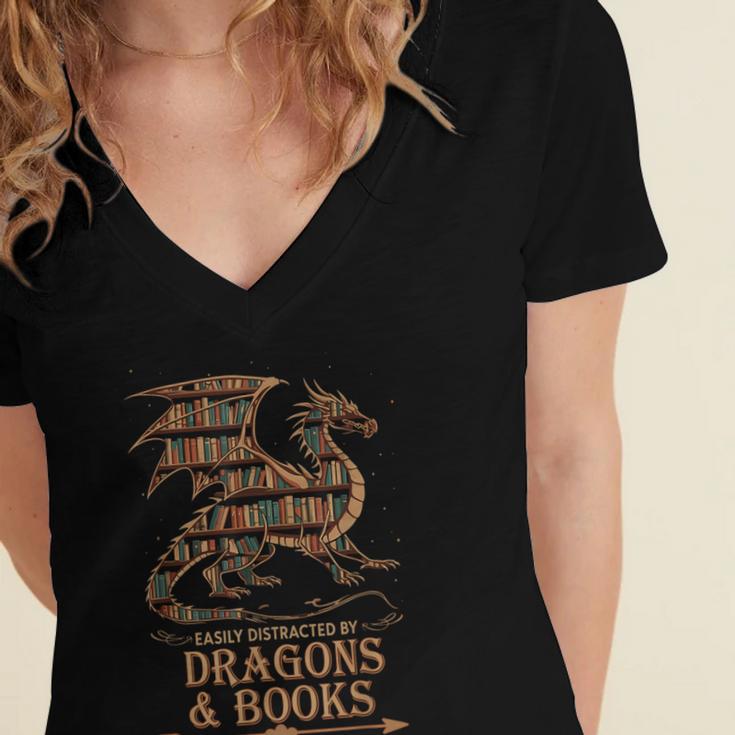 Easily Distracted By Dragons And Books Library Dragon Lover Women's Jersey Short Sleeve Deep V-Neck Tshirt
