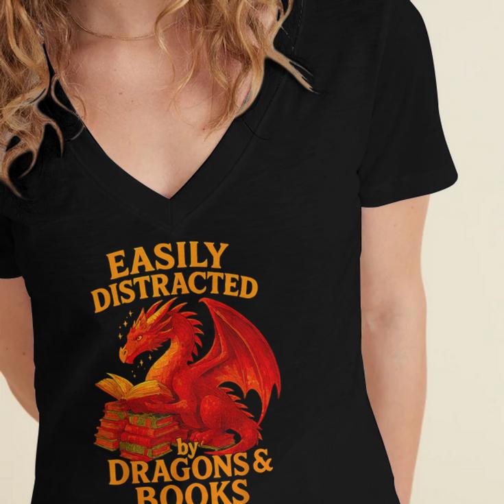 Easily Distracted By Dragons And Books Reading Women's Jersey Short Sleeve Deep V-Neck Tshirt