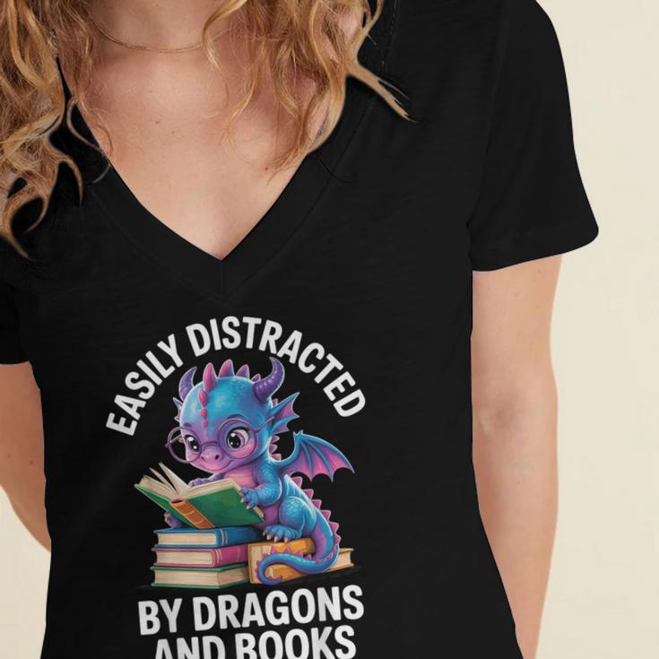 Easily Distracted By Dragons And Books Women's Jersey Short Sleeve Deep V-Neck Tshirt