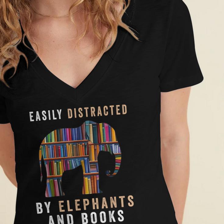 Easily Distracted By Elephants And Books Elephant Women's Jersey Short Sleeve Deep V-Neck Tshirt
