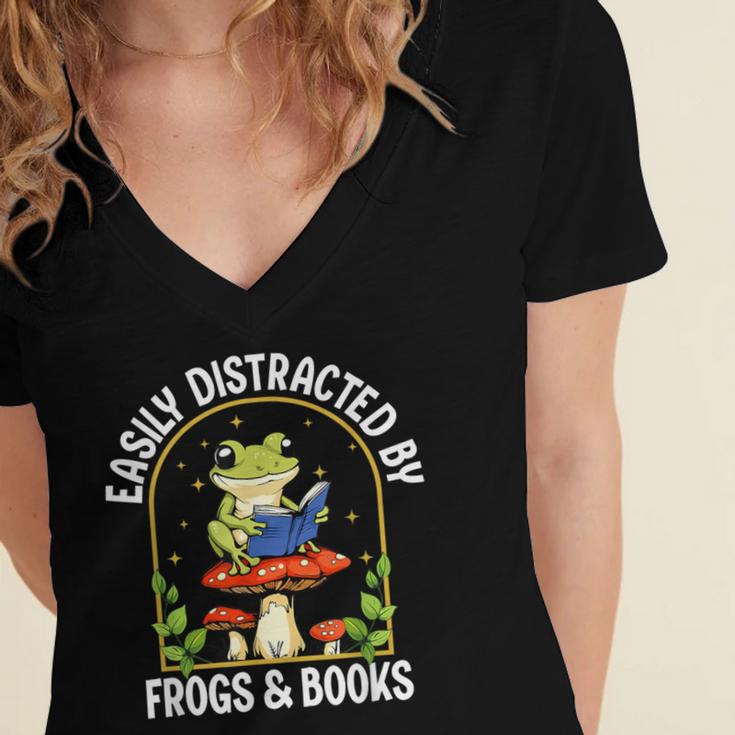 Easily Distracted By Frogs And Books Women's Jersey Short Sleeve Deep V-Neck Tshirt