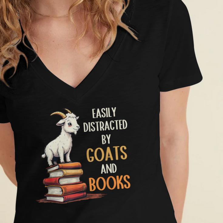 Easily Distracted By Goats And Books Goats And Book Reading Women's Jersey Short Sleeve Deep V-Neck Tshirt