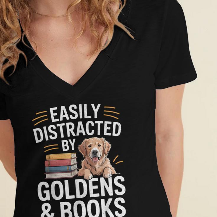 Easily Distracted By Goldens & Books Golden Retriever Dog Women's Jersey Short Sleeve Deep V-Neck Tshirt